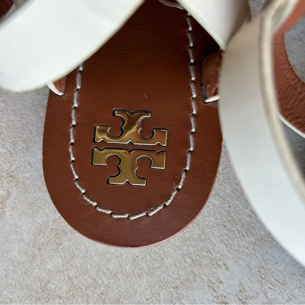 Tory Burch White Brown Sandals Gladiator Ankle Wrap Designer Leather Shoes Sz 9 - Picture 6 of 8